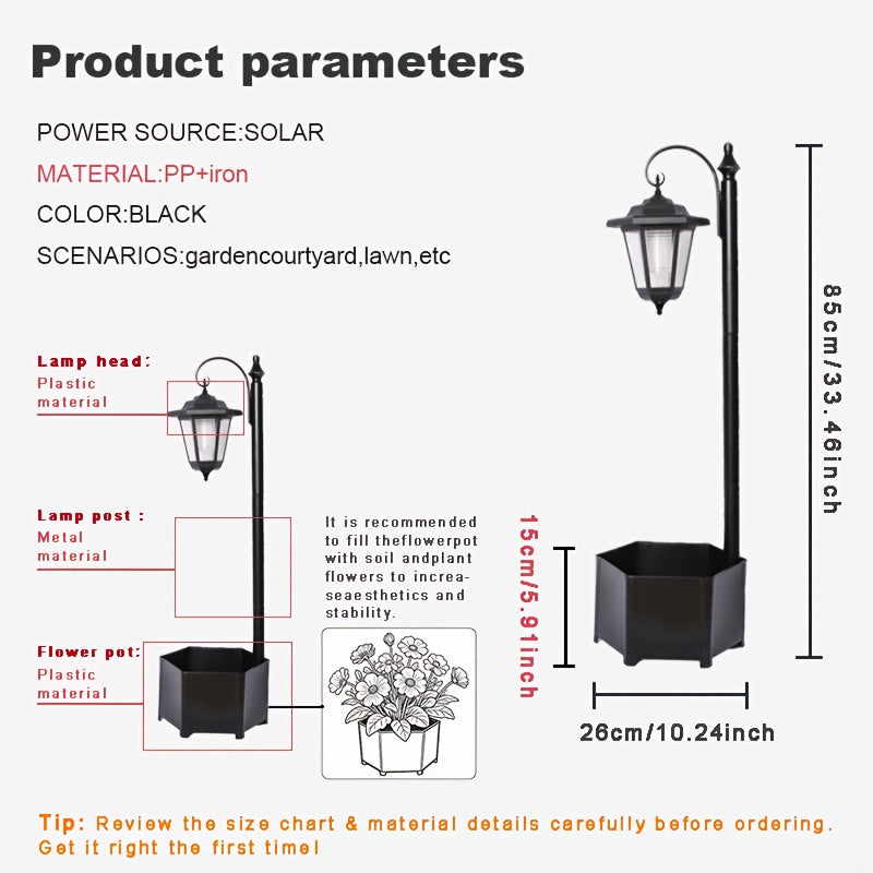 Lampadaire solaire 85 cm à jardinière hexagonale et lanterne suspendue
