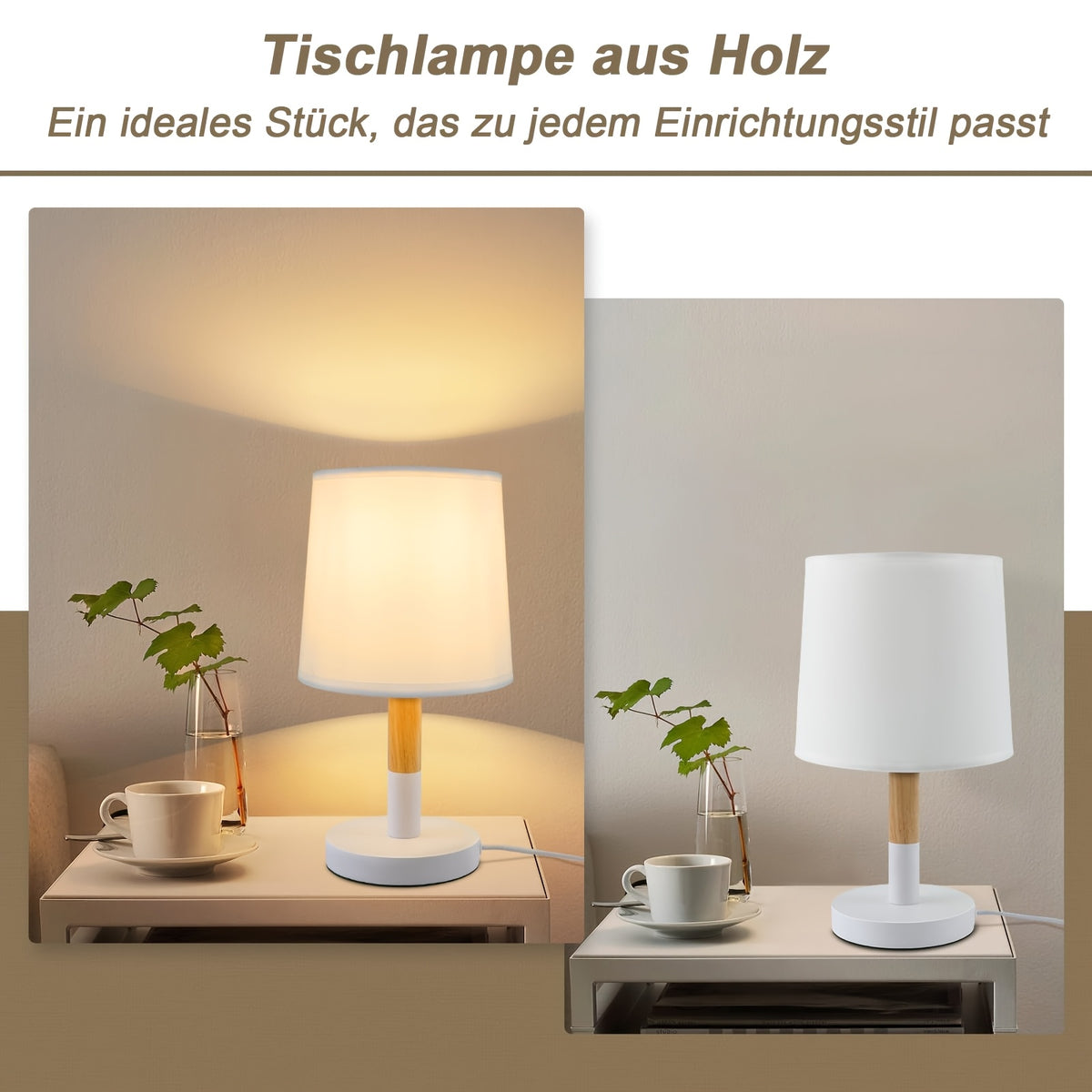 Lot de 2 lampes de chevet en bois et abat-jour en tissu blanc