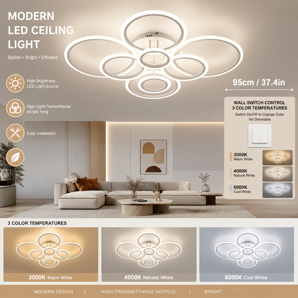 Plafonnier LED multi-anneaux Ø 79 ou 95 cm, blanc, noir ou doré
