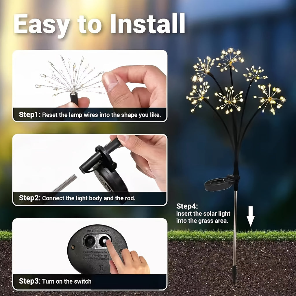 Lampe solaire de jardin feu d'artifice, 120 LED sur 6 tiges souples