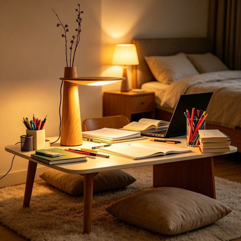 Lampe de chevet en bois à disque lumineux et soliflore intégré