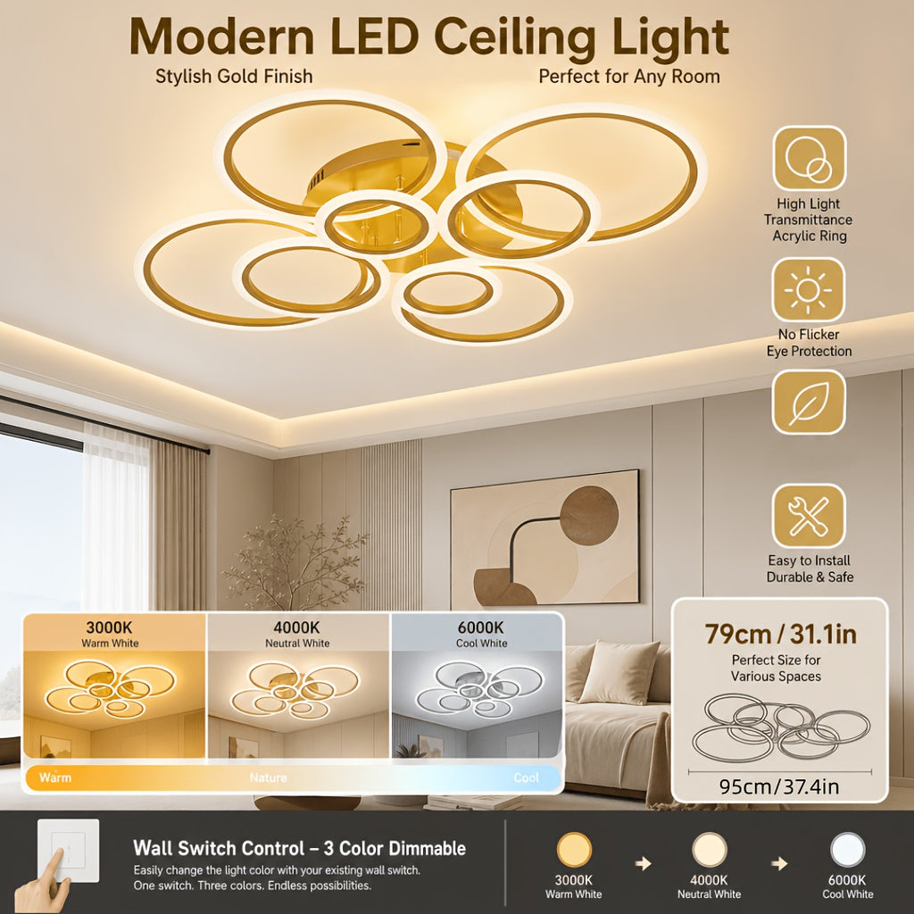 Plafonnier LED multi-anneaux Ø 79 ou 95 cm, blanc, noir ou doré