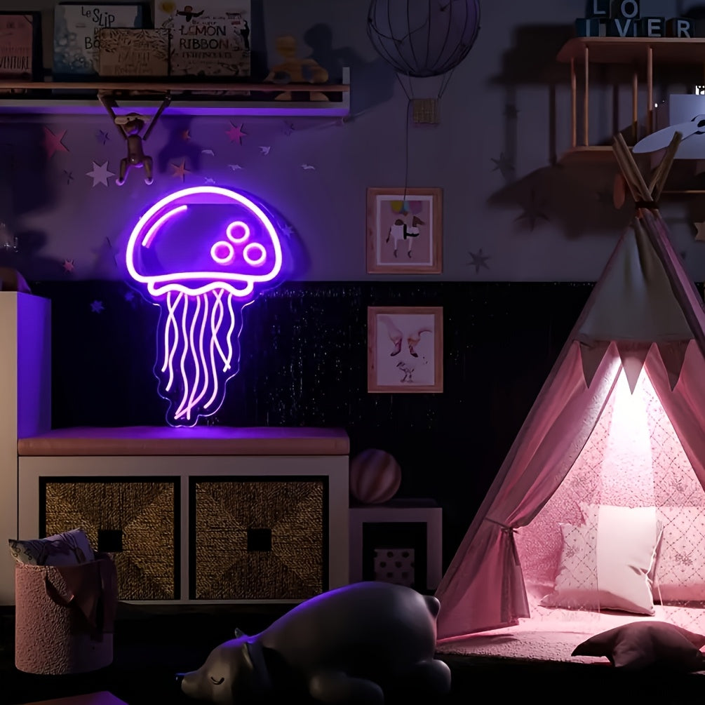 Néon LED méduse violette à accrocher au mur, 33 x 22 cm, USB