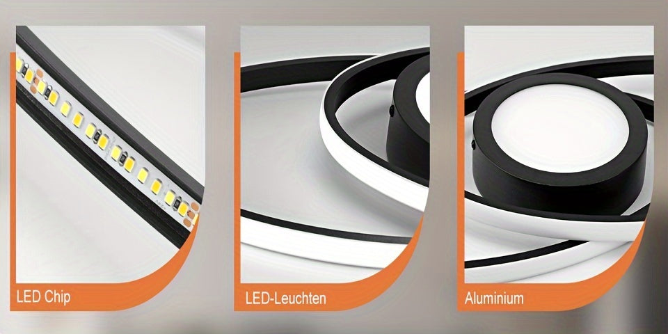 Plafonnier LED noir ovale ou carré à anneaux, avec télécommande