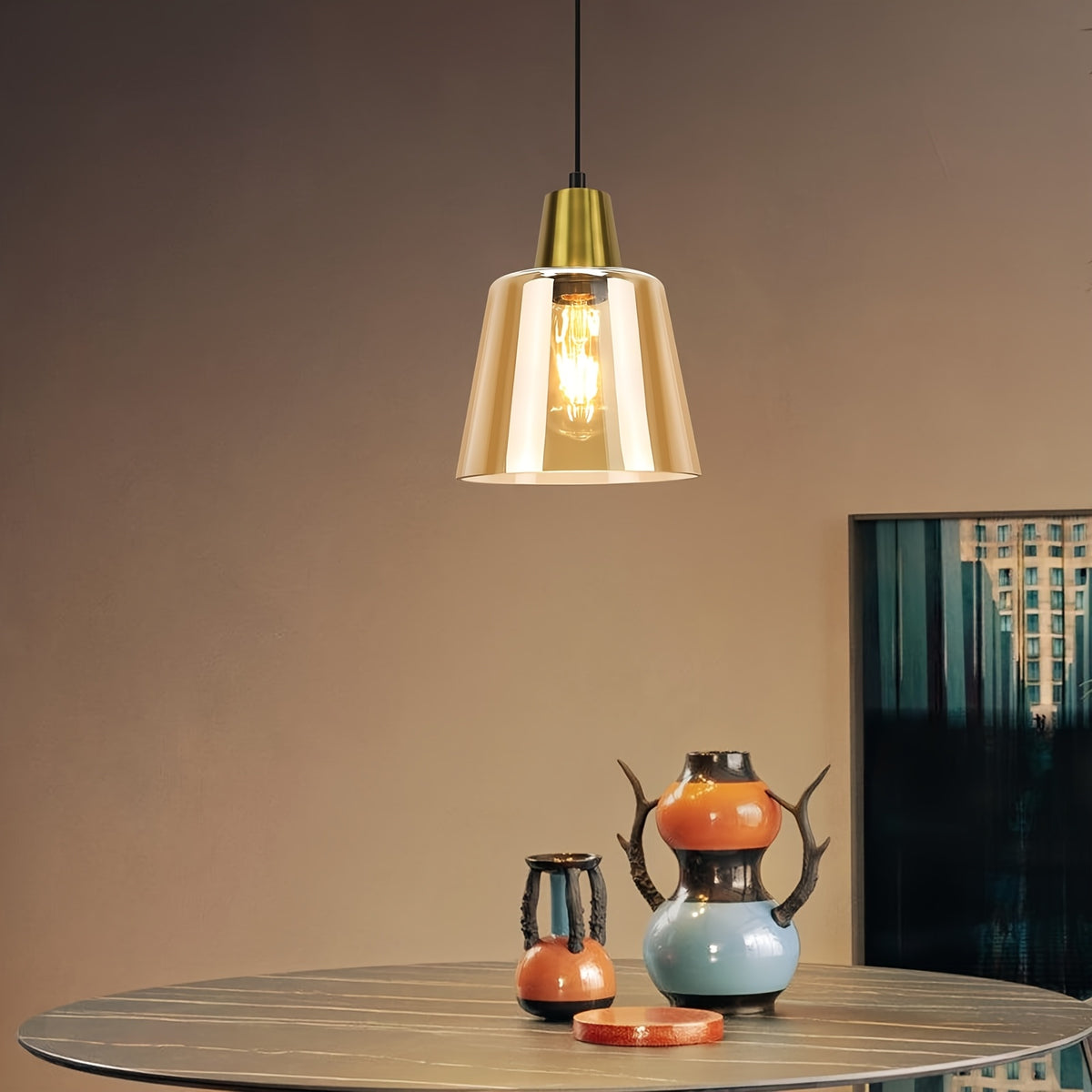Suspension de cuisine en verre ambré, cône de 18,5 cm et douille E27