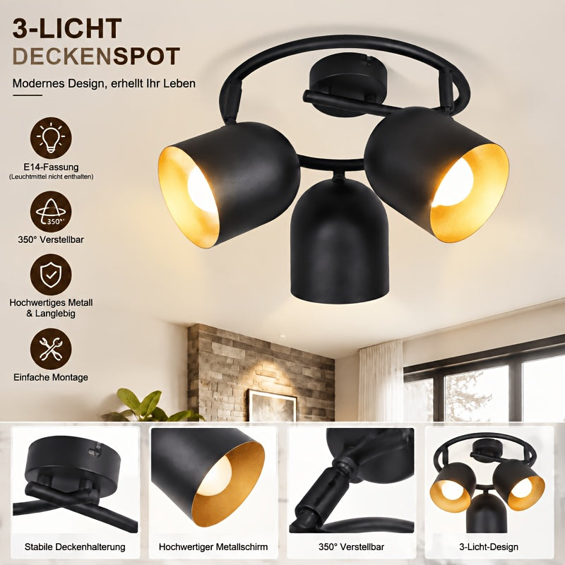 Plafonnier 3 spots noirs à intérieur doré, E14 orientables, 25 cm