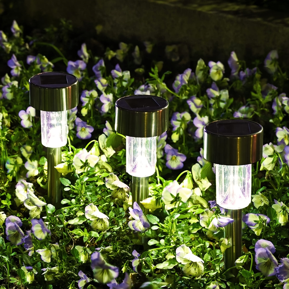 Lot de 12 lampes solaires de jardin à piquet finition inox, 33 cm