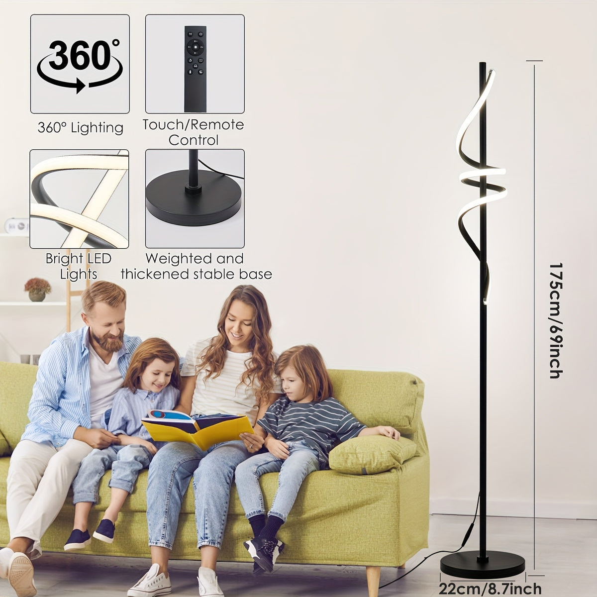 Lampadaire spirale LED noir de 175 cm, télécommande et minuterie