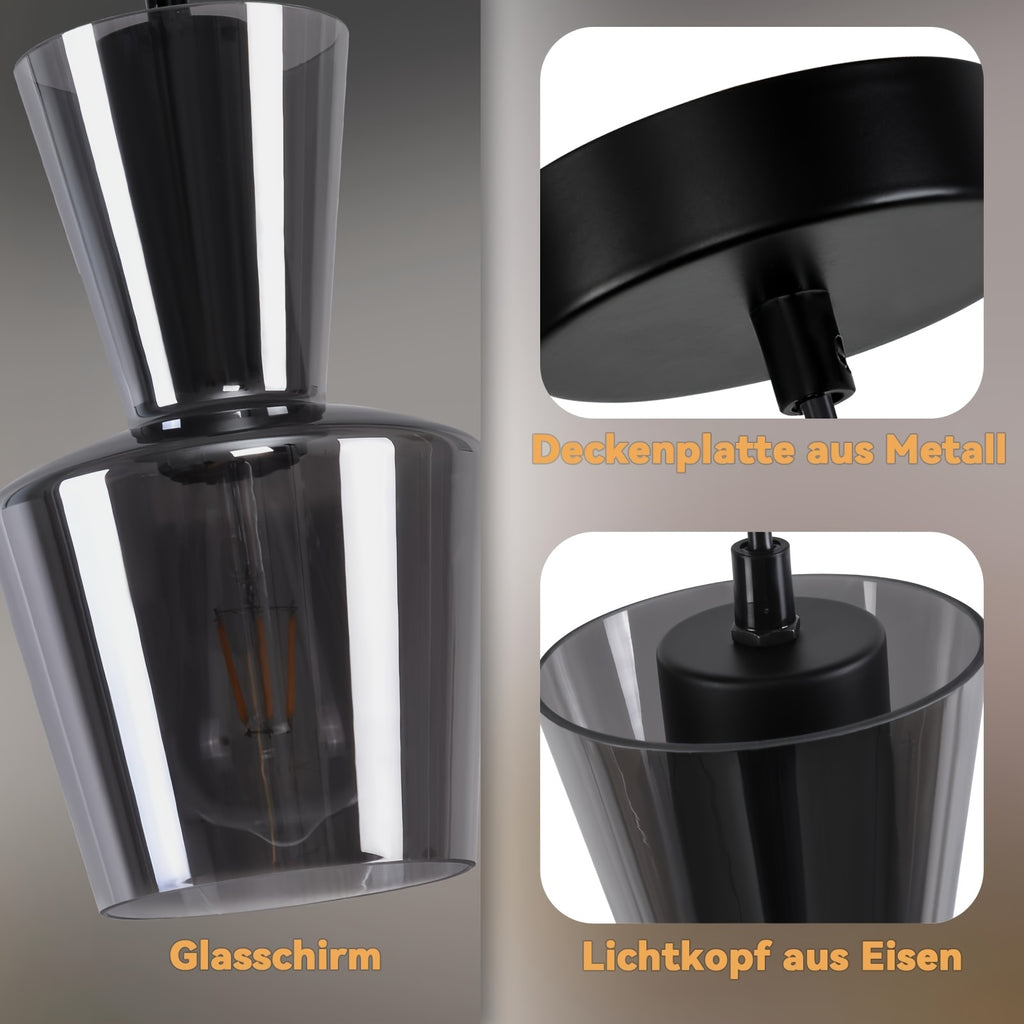 Suspension trois cloches en verre fumé sur barre noire, E27
