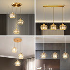 Lustre 3 globes en cristal et cage en métal, noir ou doré, E27
