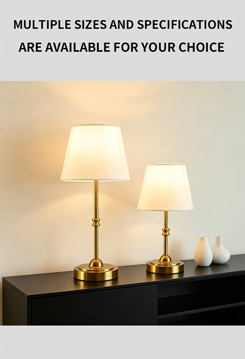 Lampe de chevet sans fil, abat-jour tissu blanc, pied doré, 2 tailles