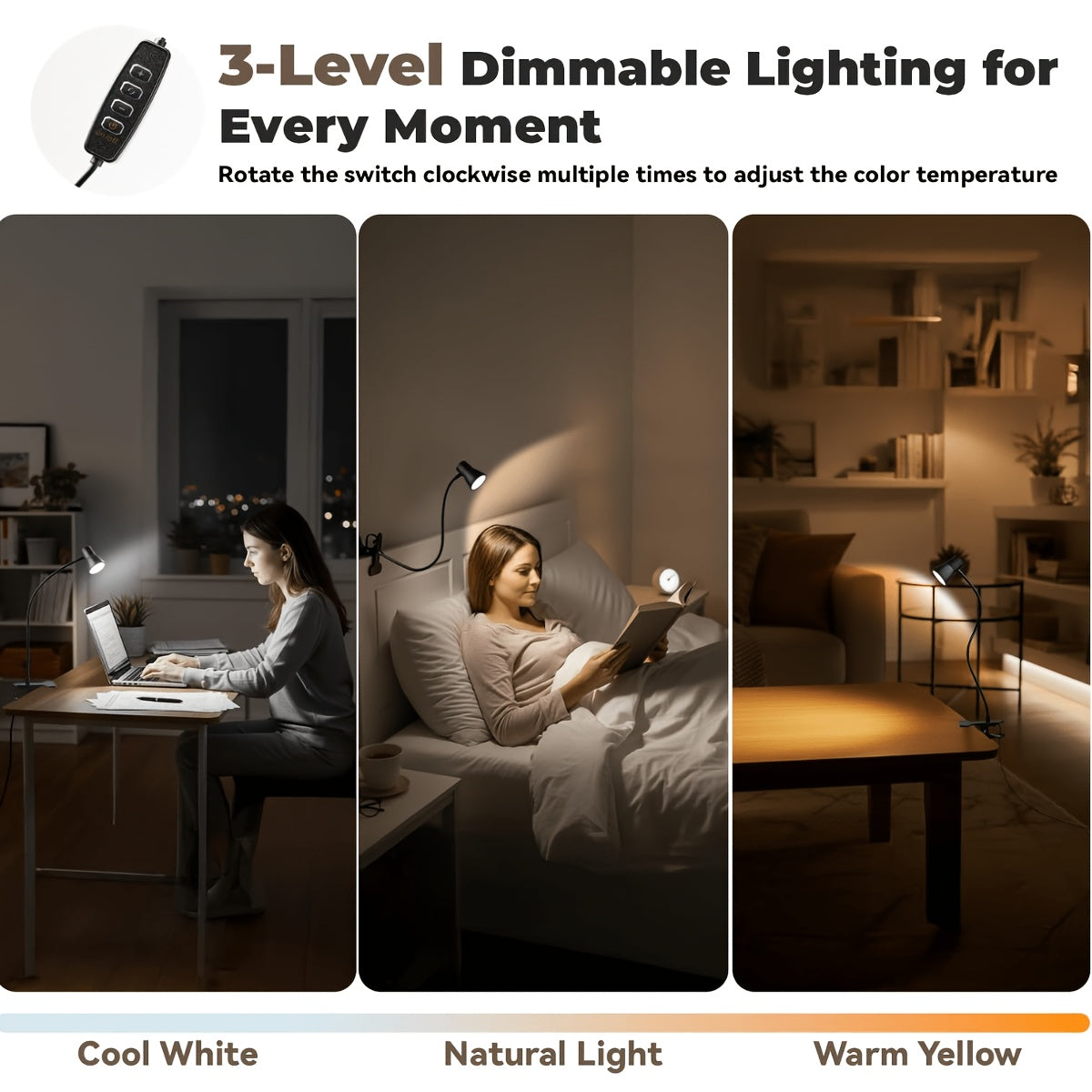 Lampe de lecture à pince noire en trompette, tête de 6 cm, USB