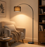 Lampadaire arc pour coin lecture, abat-jour tambour noir Ø 30