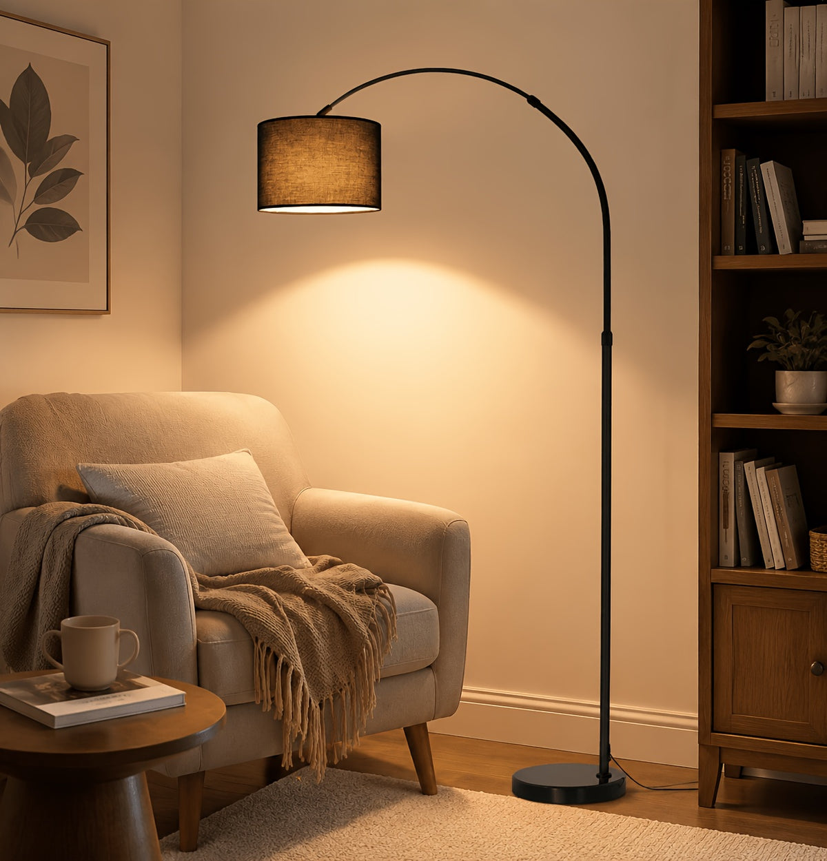 Lampadaire arc pour coin lecture, abat-jour tambour noir Ø 30