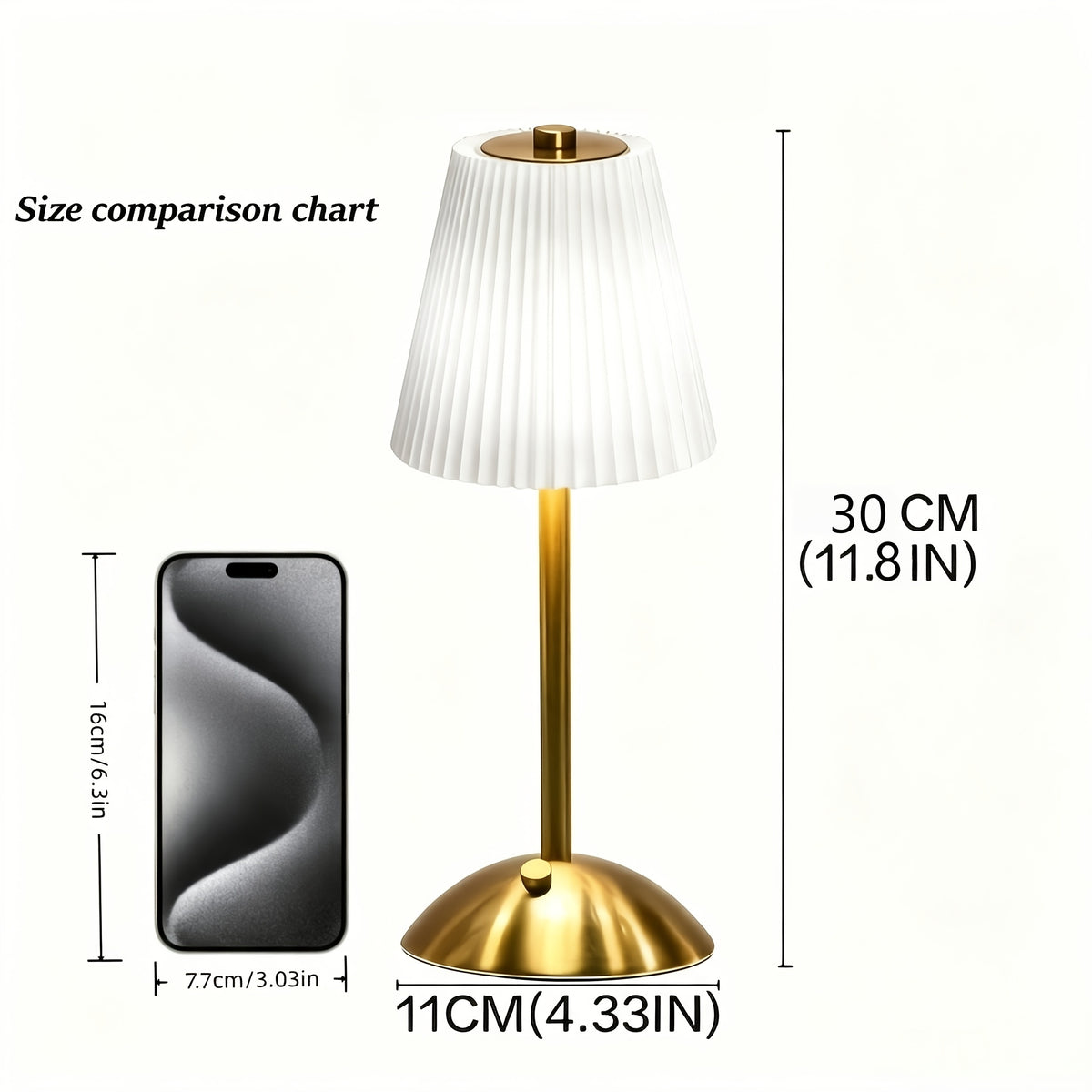 Lampe sans fil rétro à abat-jour plissé et socle doré, 30 cm