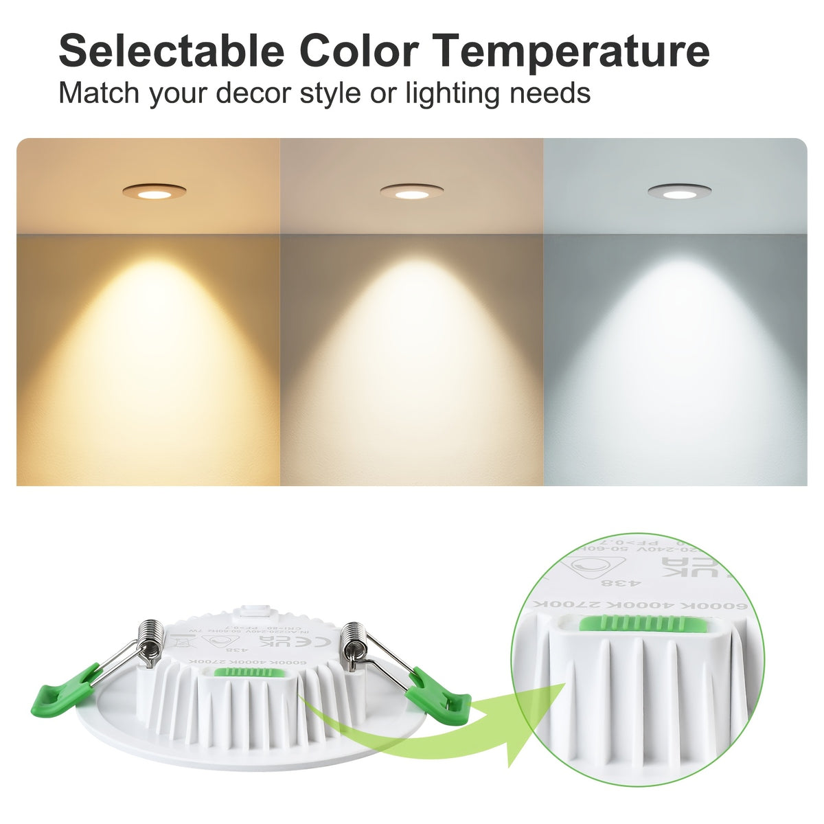 Lot de 6 spots LED encastrables 7 W à variateur, 3 teintes réglables