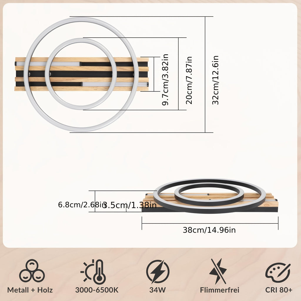 Plafonnier LED compact 38 cm, lattes de bois et cadres noirs
