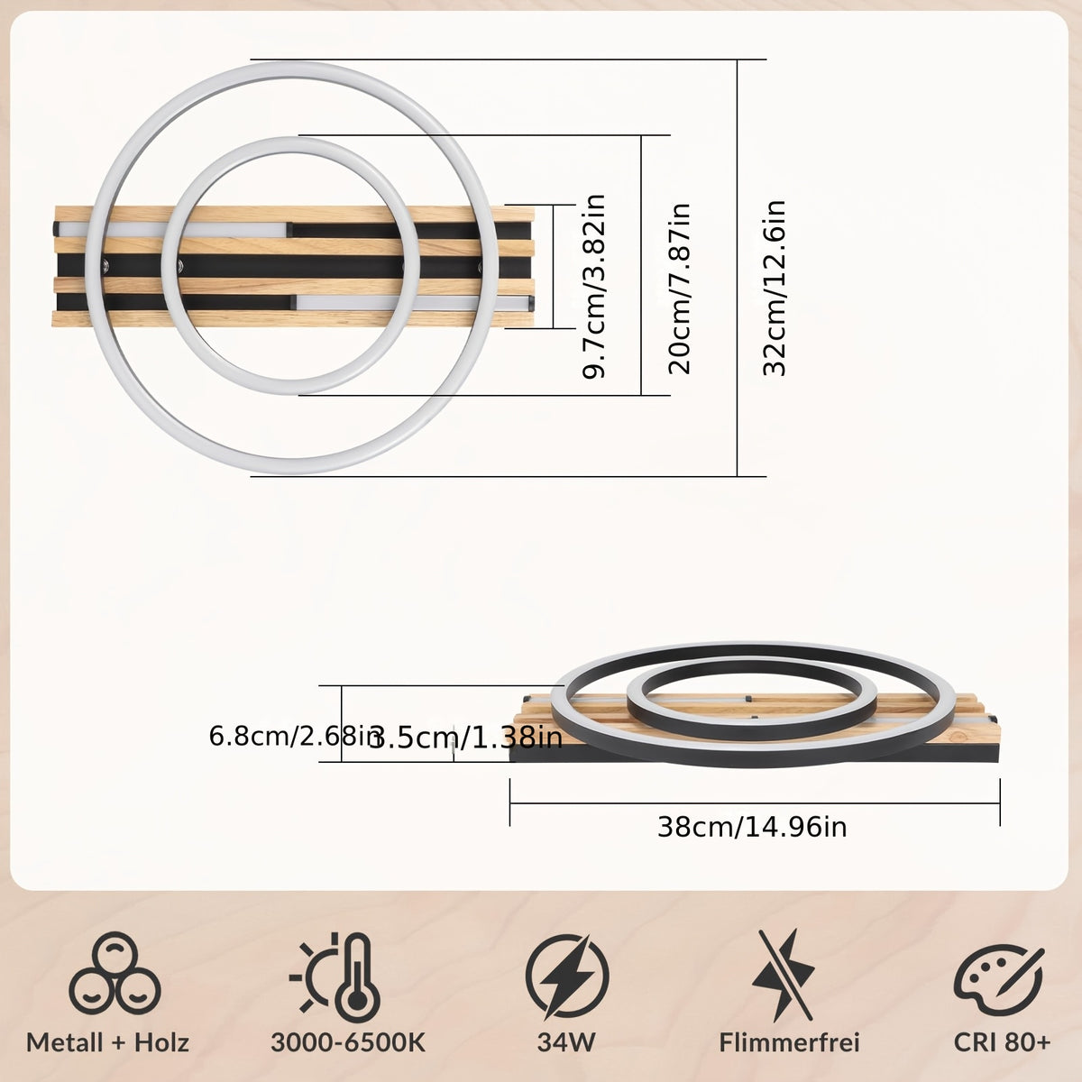 Plafonnier LED compact 38 cm, lattes de bois et cadres noirs