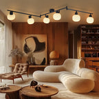 Plafonnier 6 spots E14 en zigzag, globes en verre strié, 150 cm