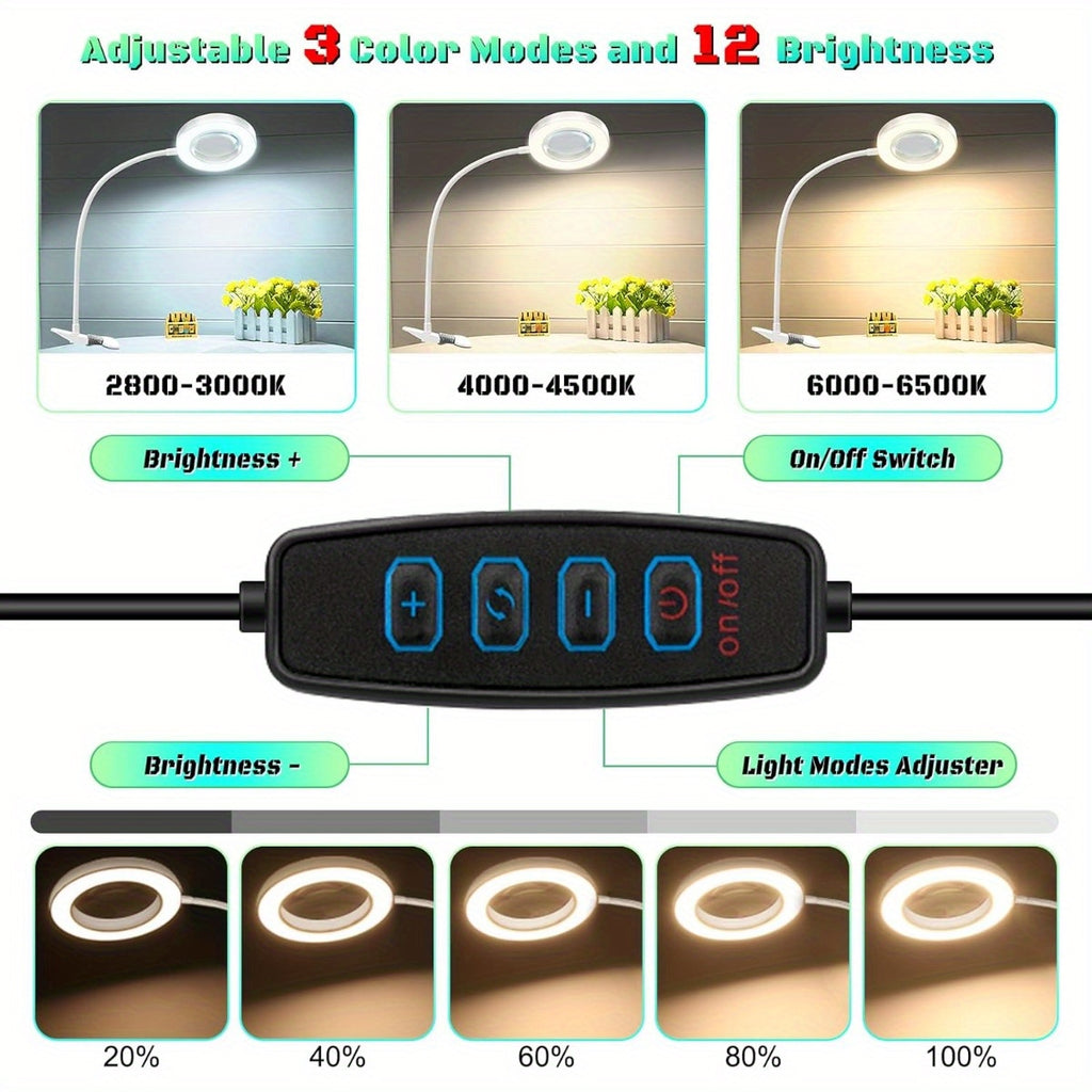 Lampe loupe à pince blanche à anneau LED, lentille en verre, USB