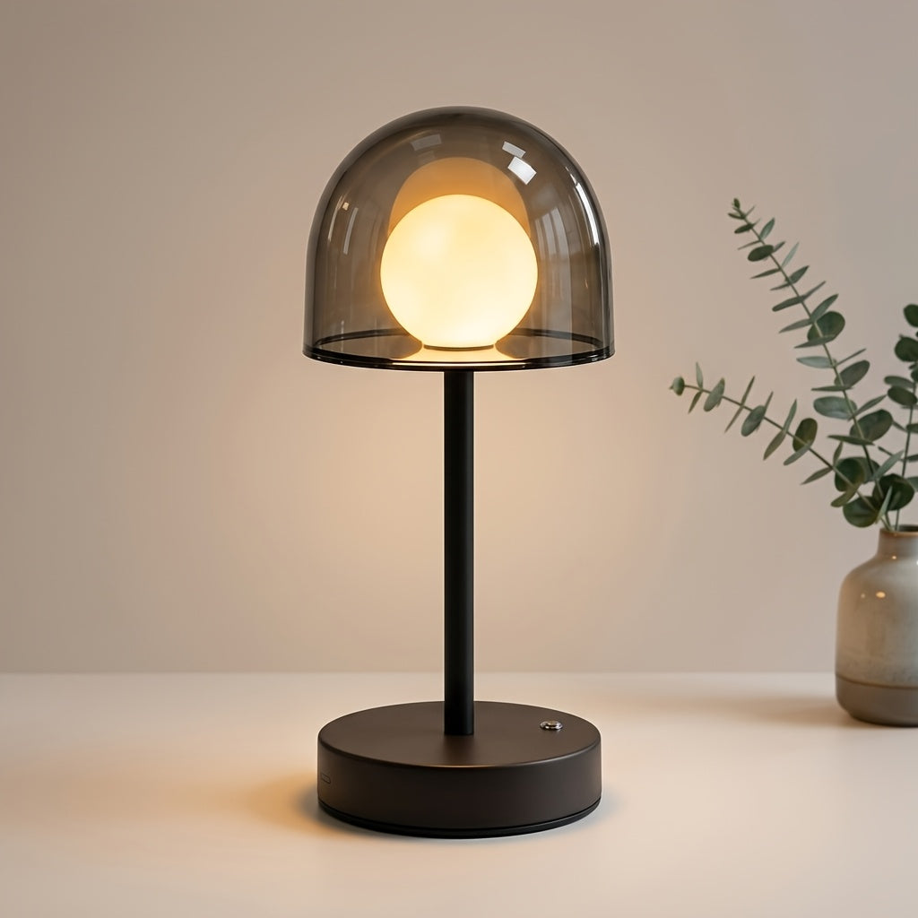 Lampe de table LED sans fil à dôme fumé et globe opalin, grise