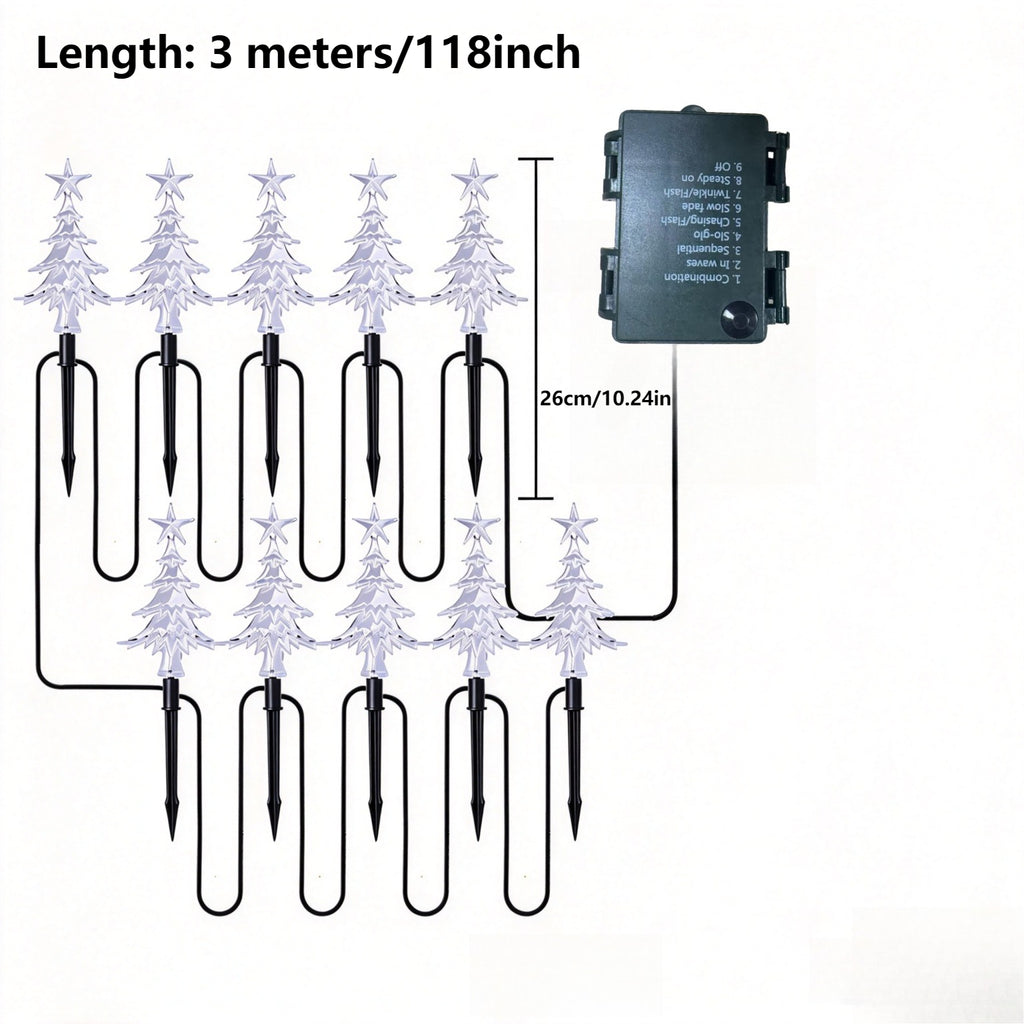 Guirlande de 10 sapins lumineux à piquer, lumière verte, à piles