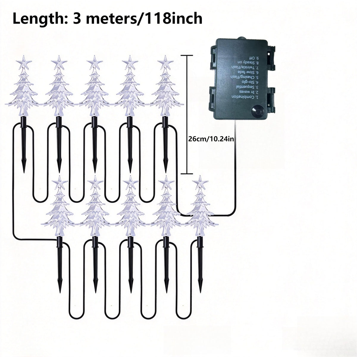 Guirlande de 10 sapins lumineux à piquer, lumière verte, à piles