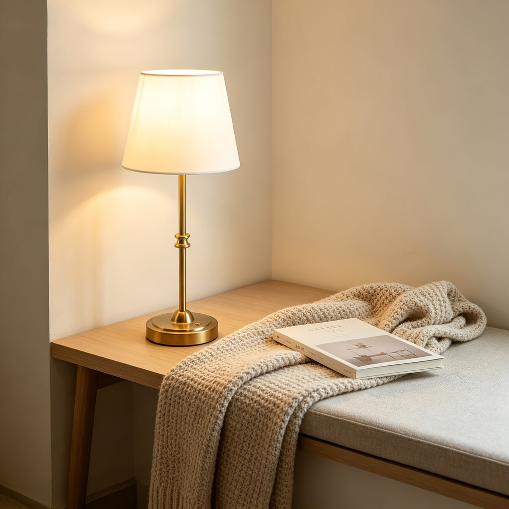 Lampe de chevet sans fil, abat-jour tissu blanc, pied doré, 2 tailles