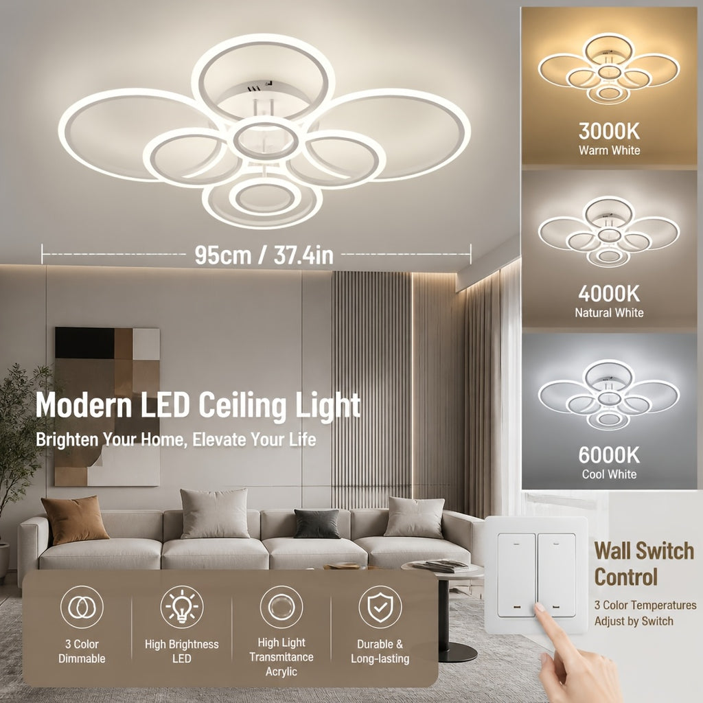 Plafonnier LED multi-anneaux Ø 79 ou 95 cm, blanc, noir ou doré