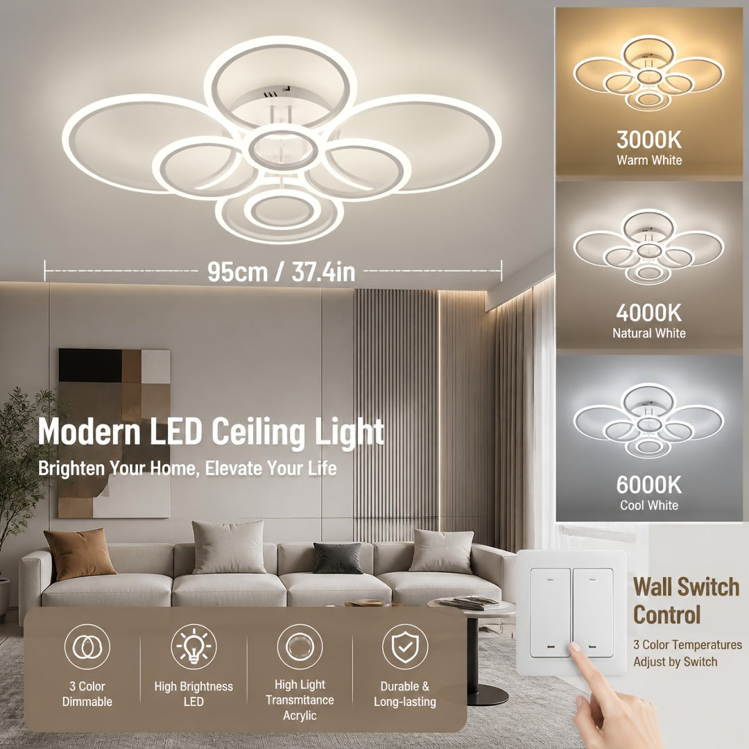 Plafonnier LED multi-anneaux Ø 79 ou 95 cm, blanc, noir ou doré