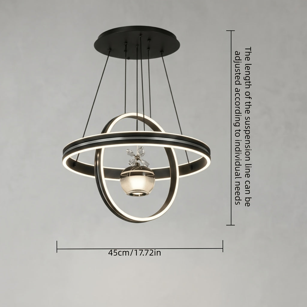 Lustre LED à deux anneaux croisés et globe fleuri, Ø 45 cm