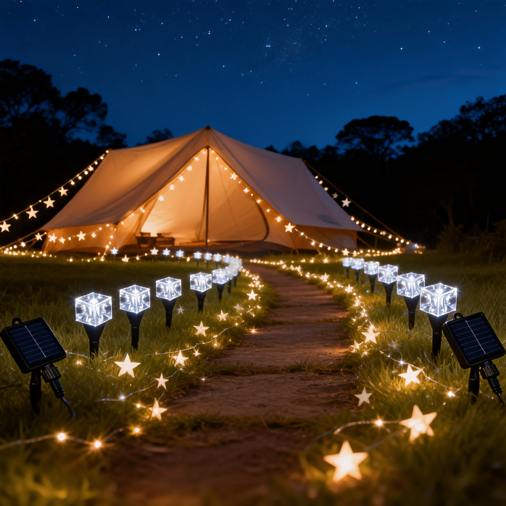 Guirlande solaire cubes effet glaçon sur piquets, 20 ou 30 LED