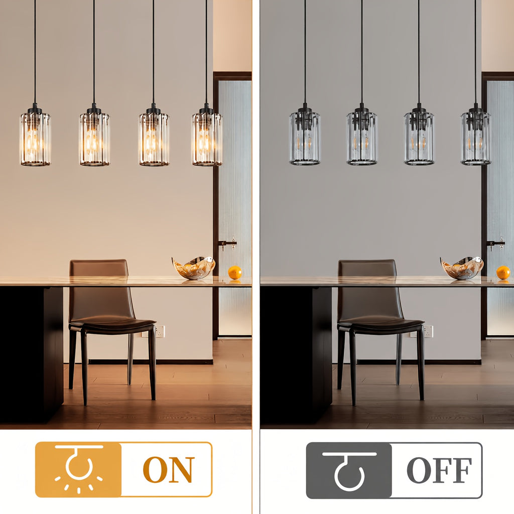 Suspension 3 ou 4 cylindres en verre taillé, barre noire 40 ou 58 cm