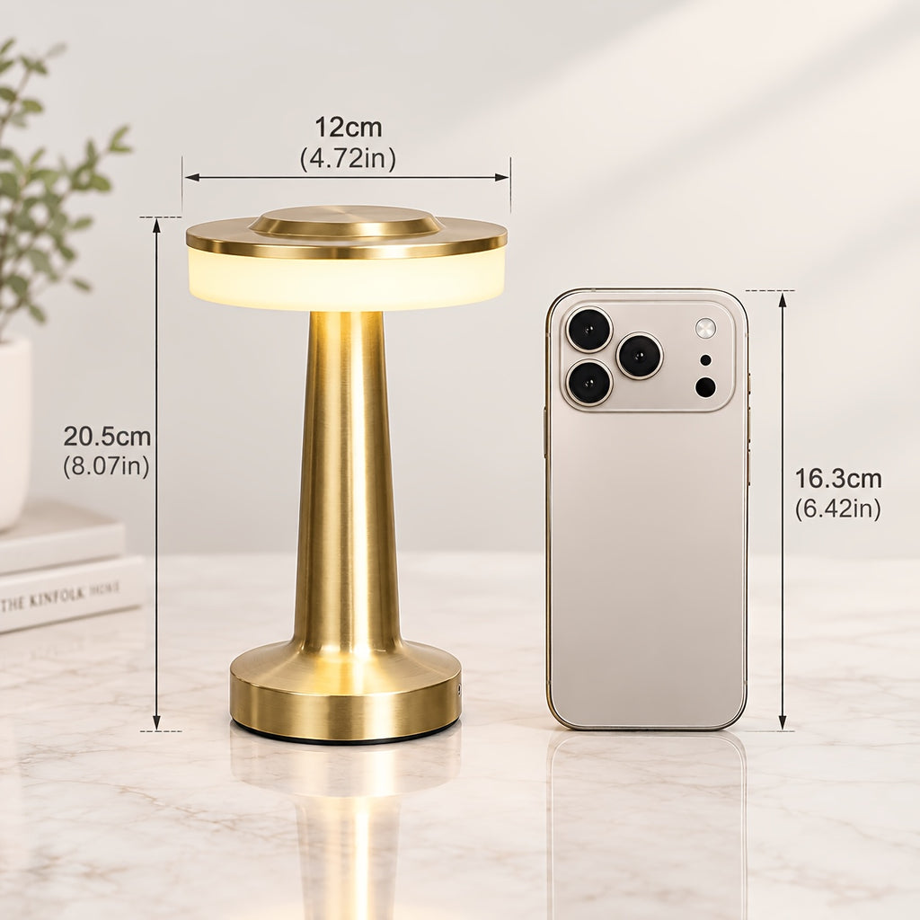 Lampe de table sans fil en métal brossé, tête plate tactile Ø 12 cm