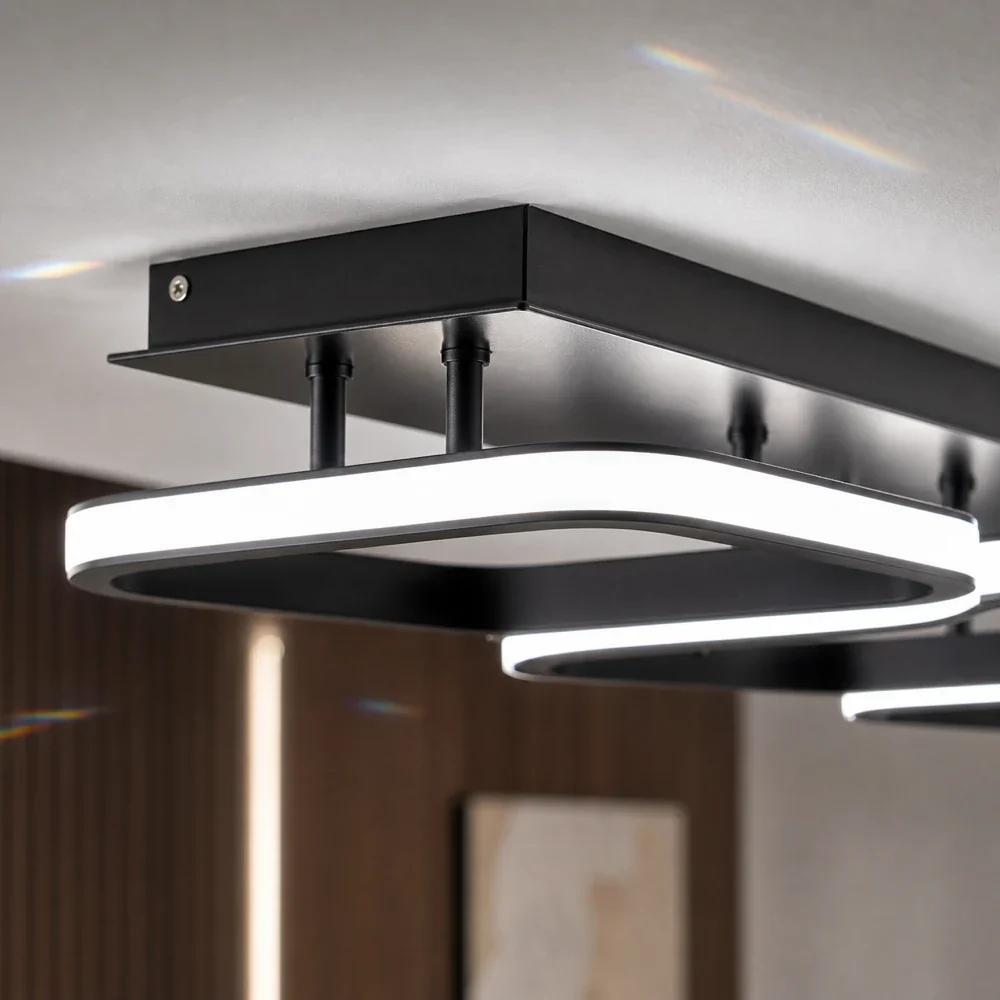 Plafonnier LED à trois carrés lumineux noirs, 53 cm, trois teintes