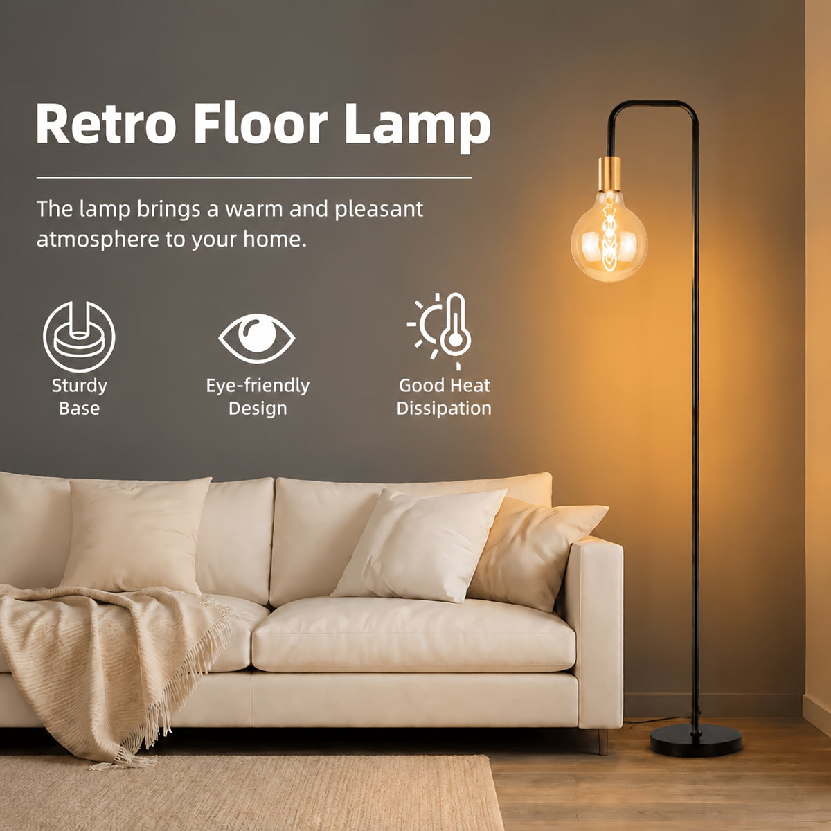 Lampadaire col de cygne noir pour ampoule globe à filament, 157 cm