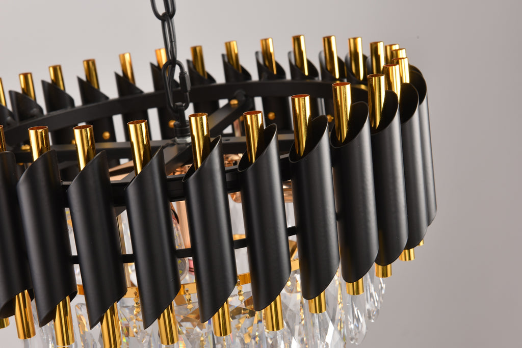 Lustre à lamelles noires et dorées sur cascade de cristal, Ø 40 cm