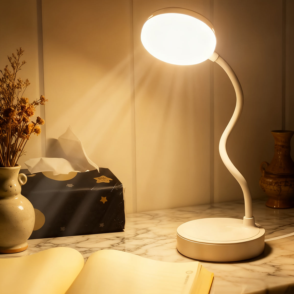 Lampe de bureau LED rechargeable à col flexible, tête ronde blanche