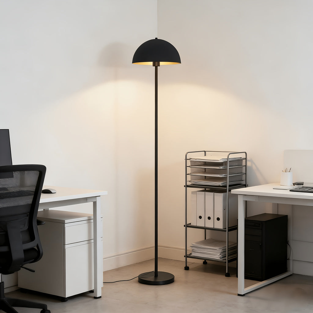 Lampadaire de bureau dôme noir et or, socle épais de 25 cm