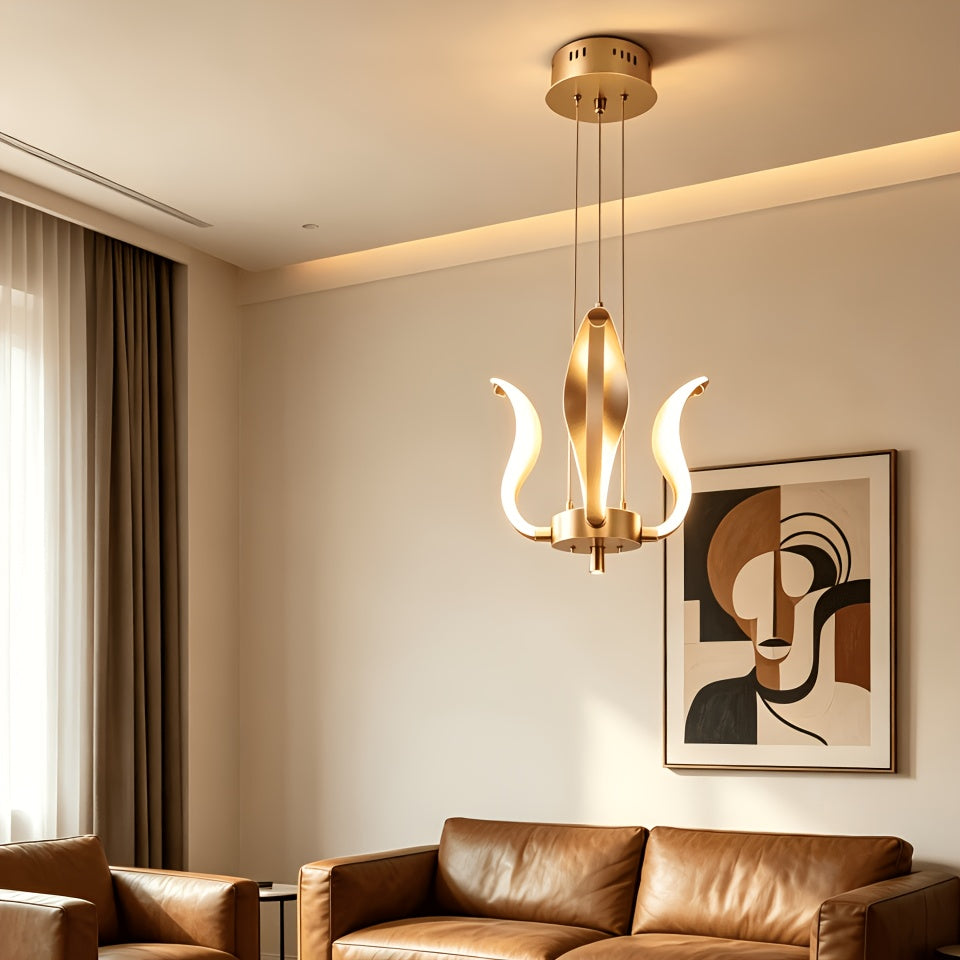 Suspension LED à lames courbes dorées, couronne ou barre trois teintes