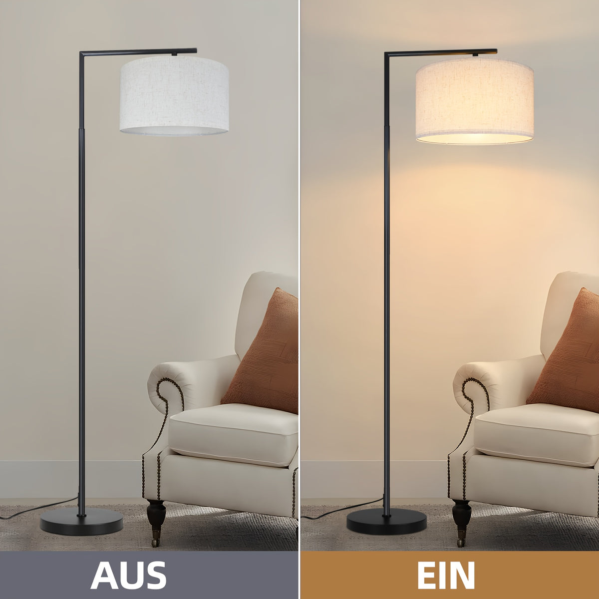 Lampadaire à potence noir, abat-jour tambour orientable, 166 cm