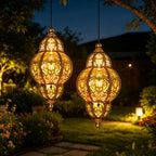 Lanterne solaire marocaine dorée à suspendre en métal, lot de 2