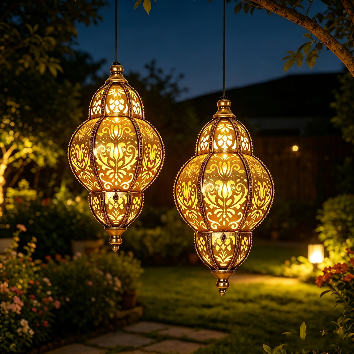 Lanterne solaire marocaine dorée à suspendre en métal, lot de 2