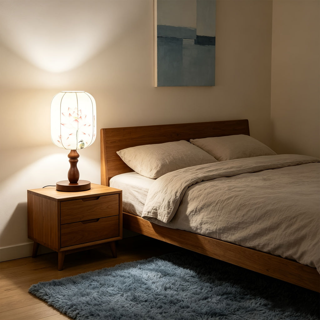 Lampe de chevet lanterne en tissu à décor d'estampe, pied en bois