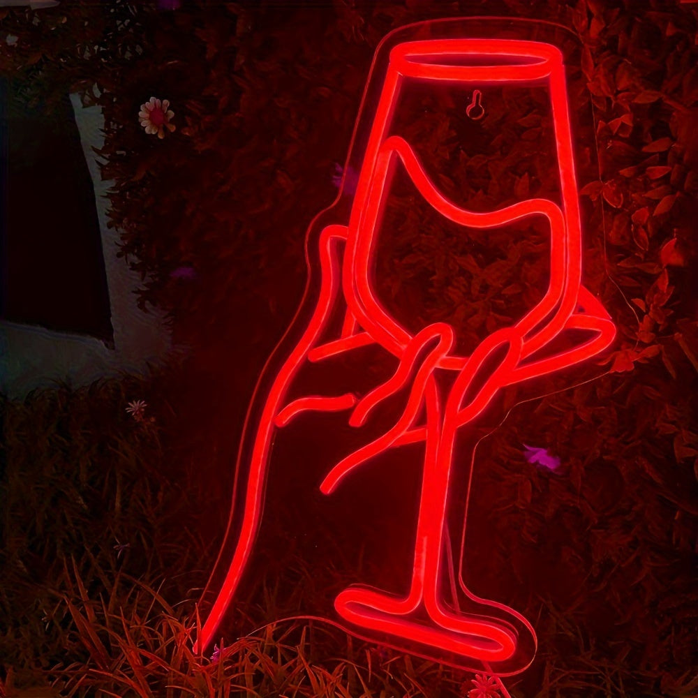 Néon LED main et verre de vin rouge avec variateur, 42 x 26 cm