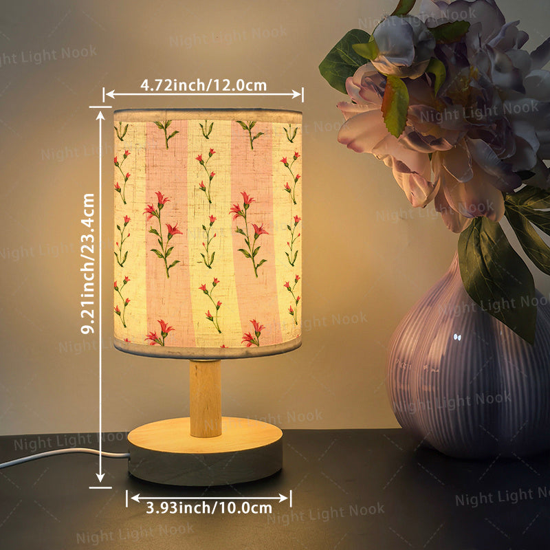 Lampe de chevet à rayures roses et brins fleuris, tissu et USB
