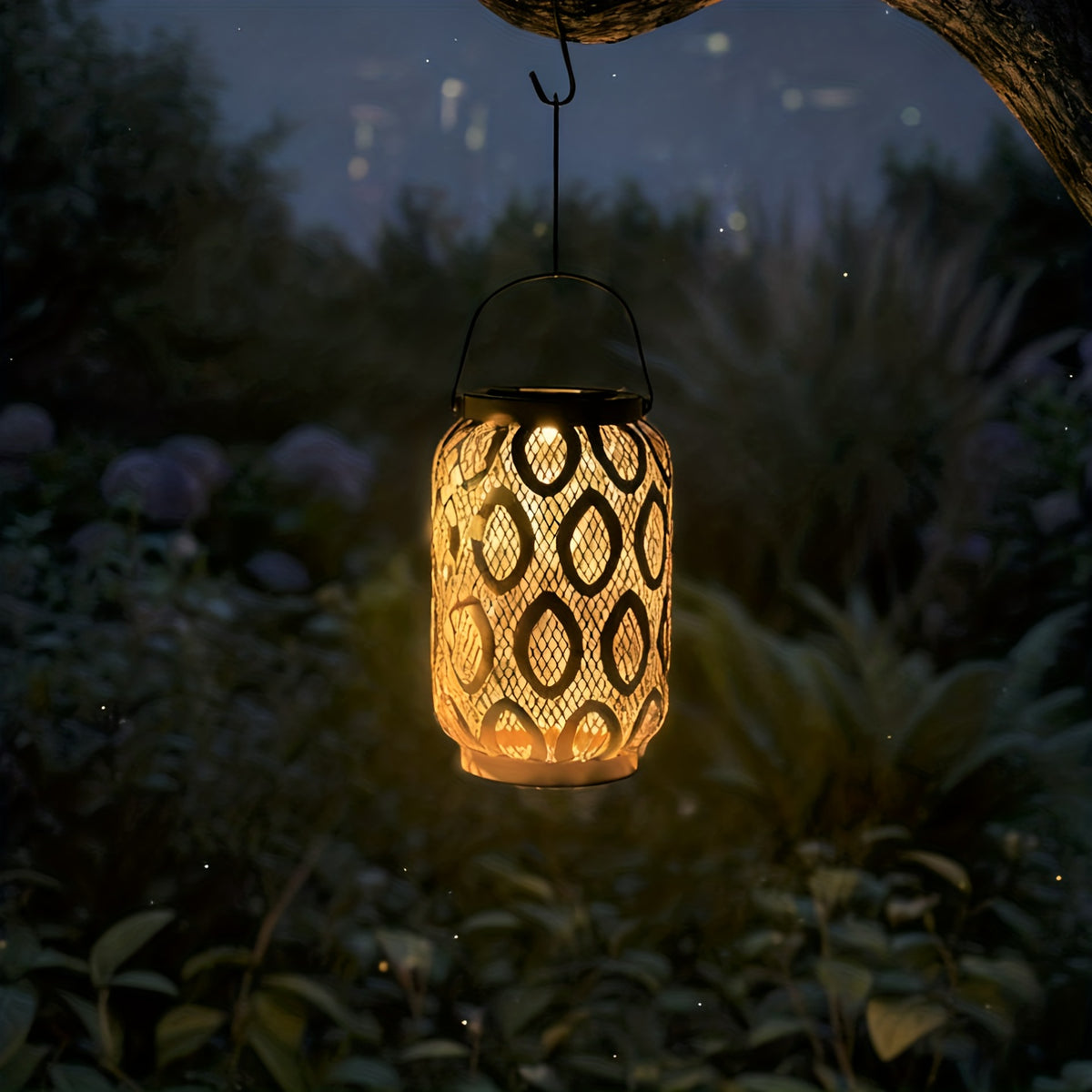 Lanterne solaire ajourée en métal kaki à anse, 29 cm, IP44