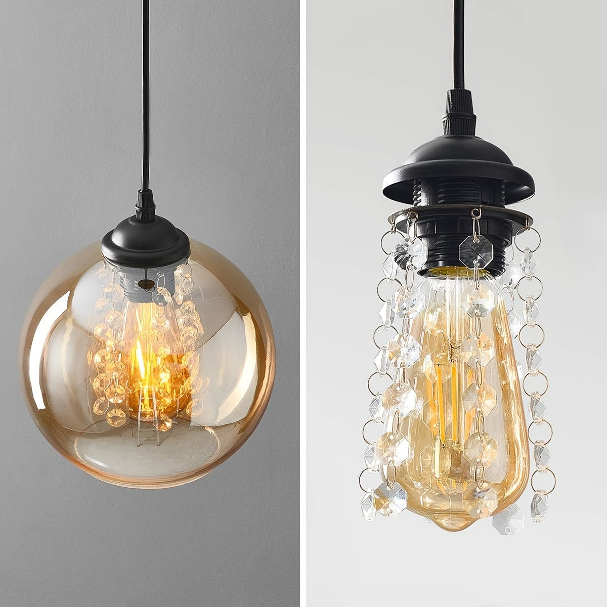 Suspension boule en verre ambré et perles de verre, douille E27