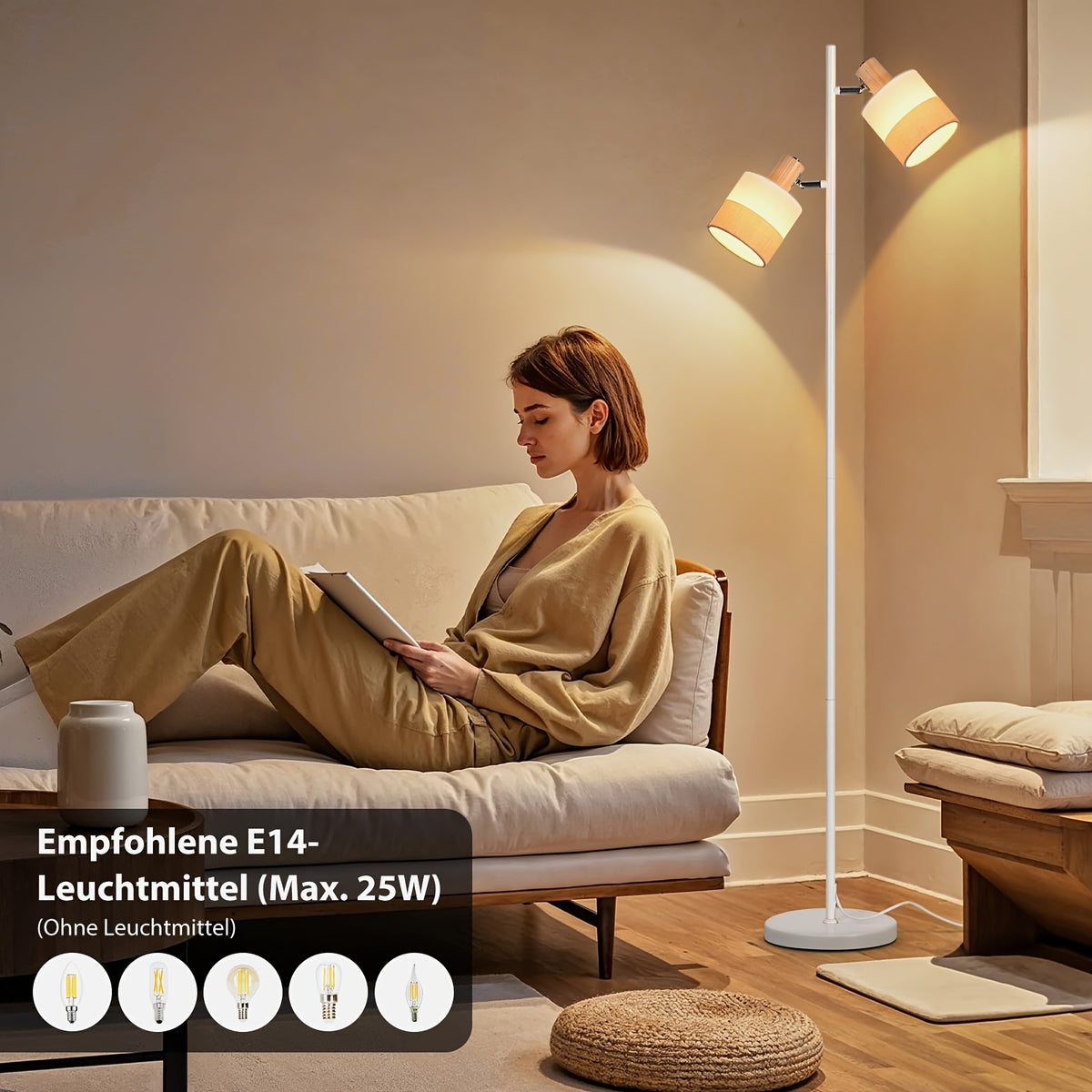 Lampadaire blanc à deux têtes orientables en tissu, douille E14
