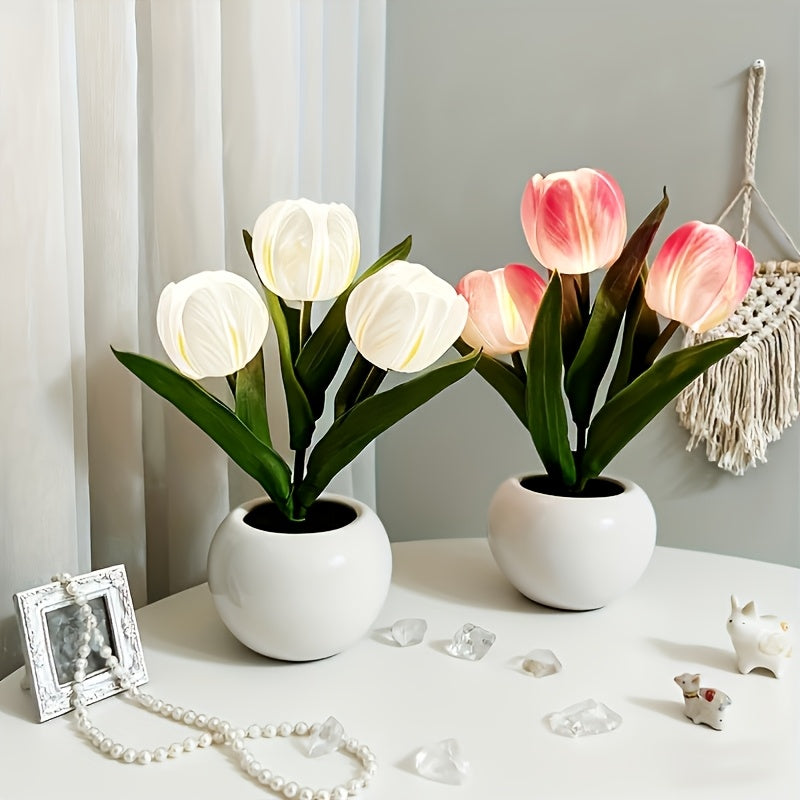 Lampe décorative bouquet de tulipes LED en pot céramique